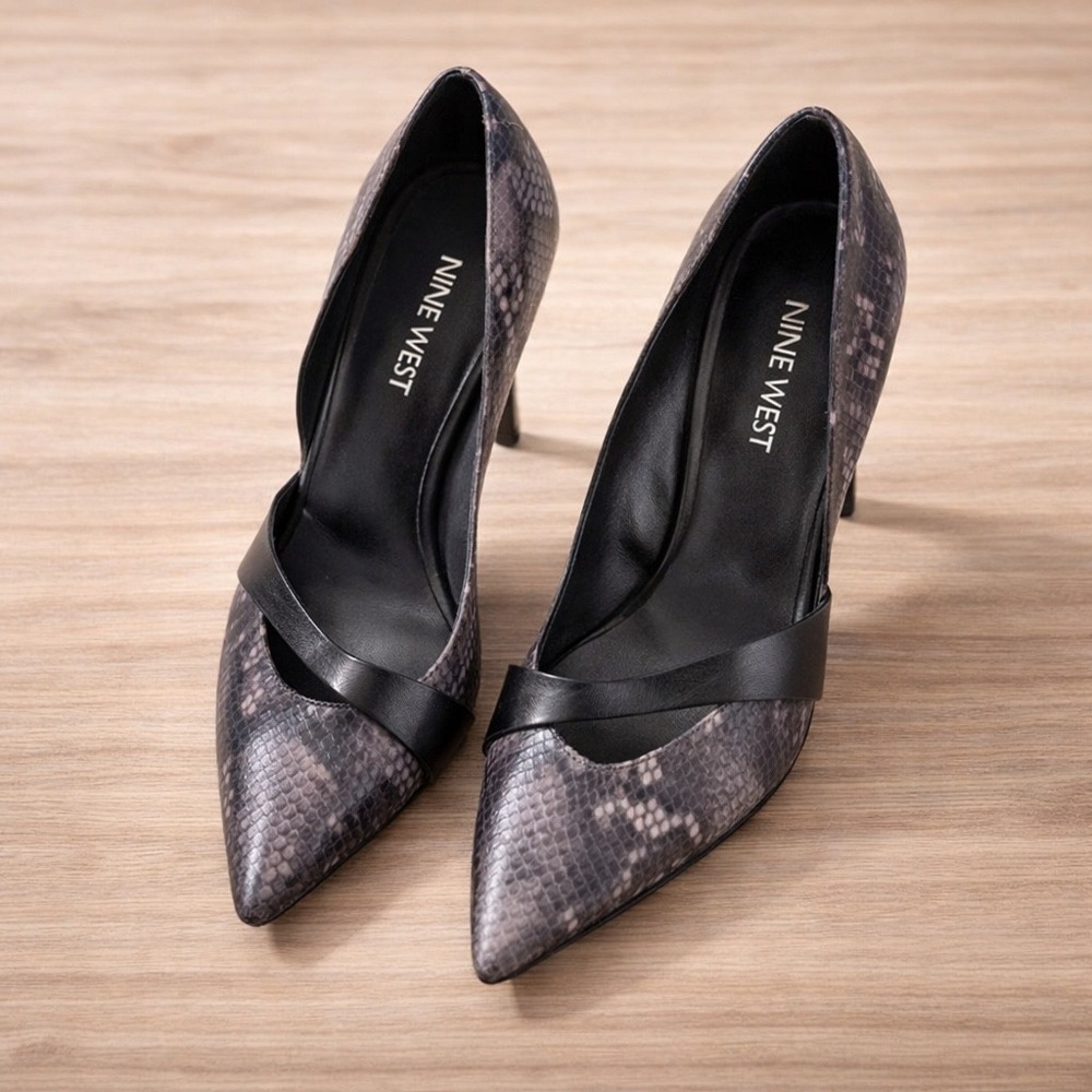 Nine West Womens Grey Snakeskin Pointed Toe Stiletto Pumps Heel Black Strap‎ 8M